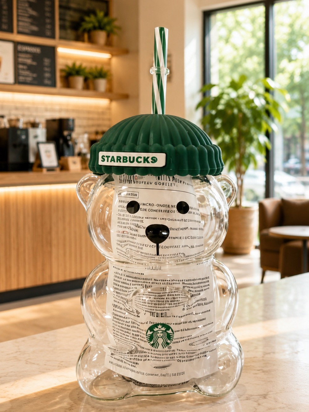 Starbucks Clear Bear Tumbler with Dark Green Ribbed Lid and Striped Straw